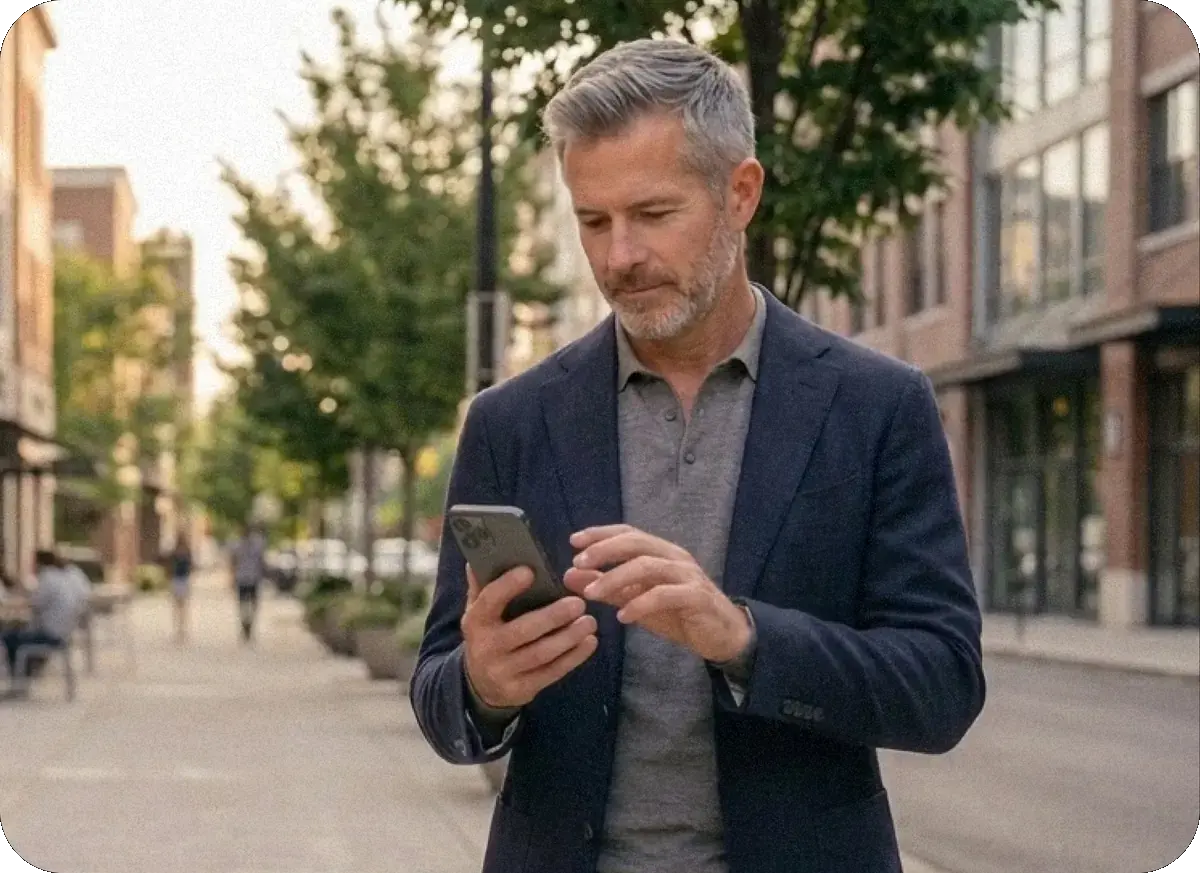 Professional man on a city street checking his phone